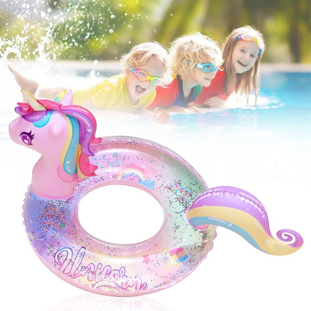 Pool Inflatables for Kids, Unicorn Swimming Circle, Unicorn Pool Float with Glitters Fun Pool Floats, Pool Float, Inflatable Swimming Ring, Summer Party Float Decorations for 5-9-pink