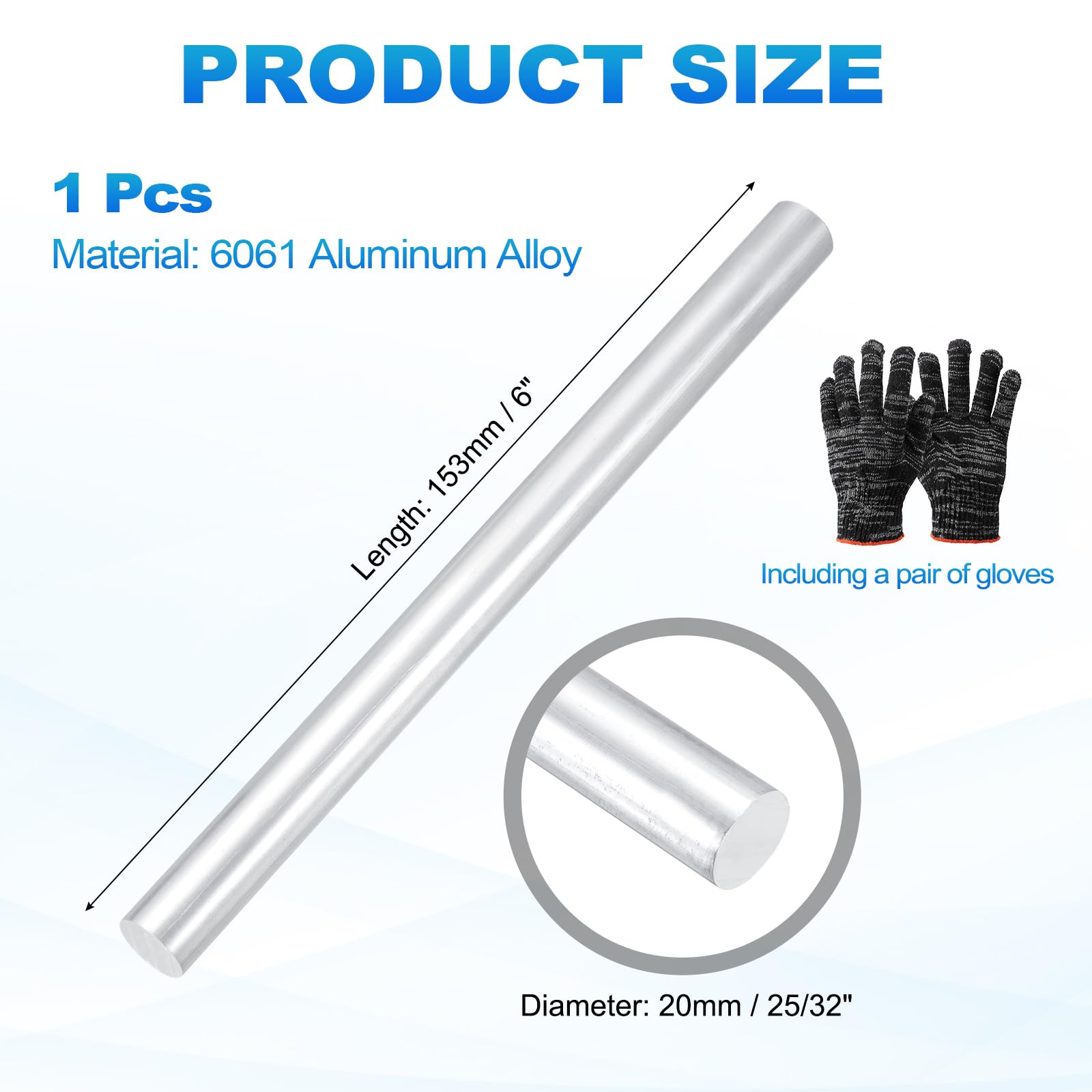 QUARKZMAN Barre Ronde En Aluminium 6061 25/32"(20mm) De Diamètre 6"(153mm) De Longueur Barre Pleine Pour Tournage Métal Stick Pour Bricolage Industriel Artisanat De Modèles, Ton Argenté