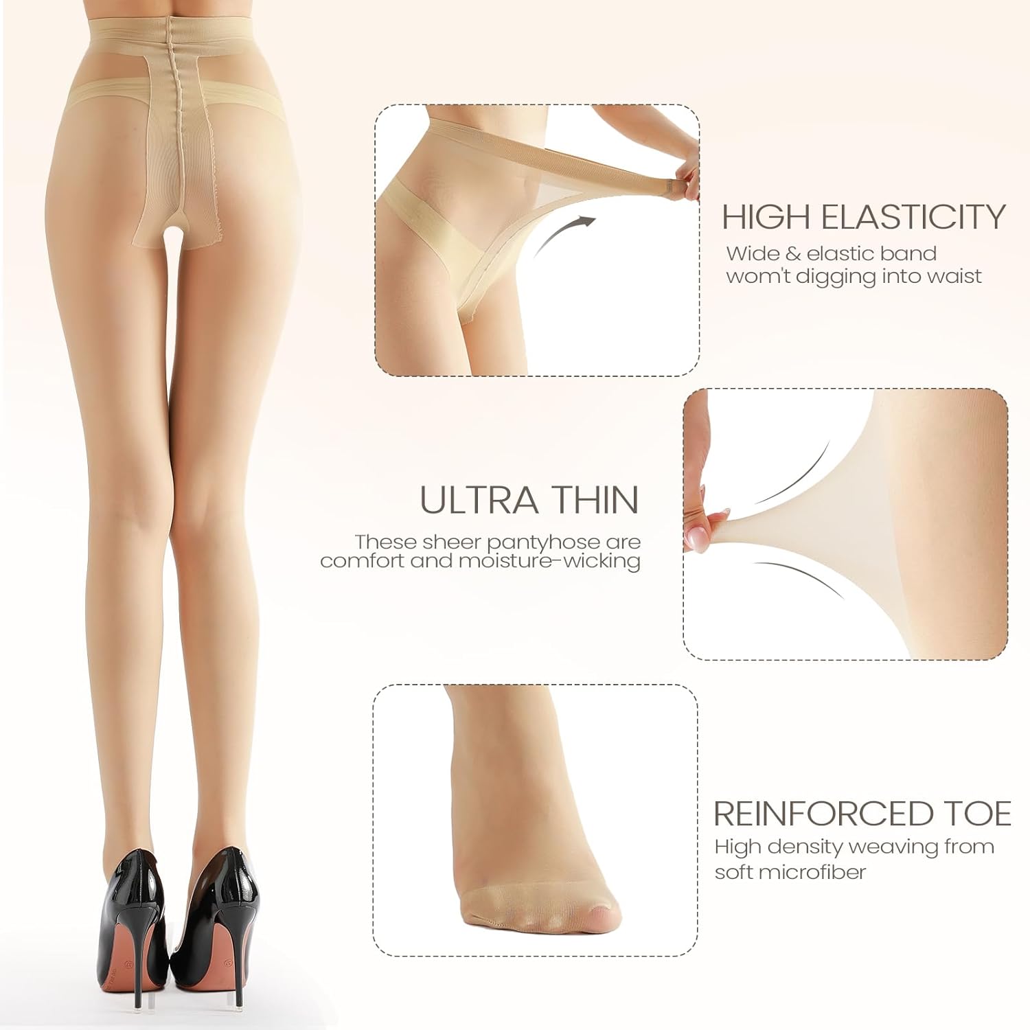 G&Y 2 Pairs Women's T Crotch Sheer Tights - GY-20D Control Top Pantyhose with Reinforced Toes - Image 2