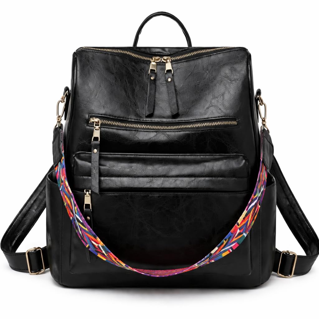 Women's Vegan Leather Backpack Purse, 3-way Convertible Shoulder Bag and Handbag, Anti-Theft Fashion Rucksack with Detachable Colorful Boho Strap-image-10