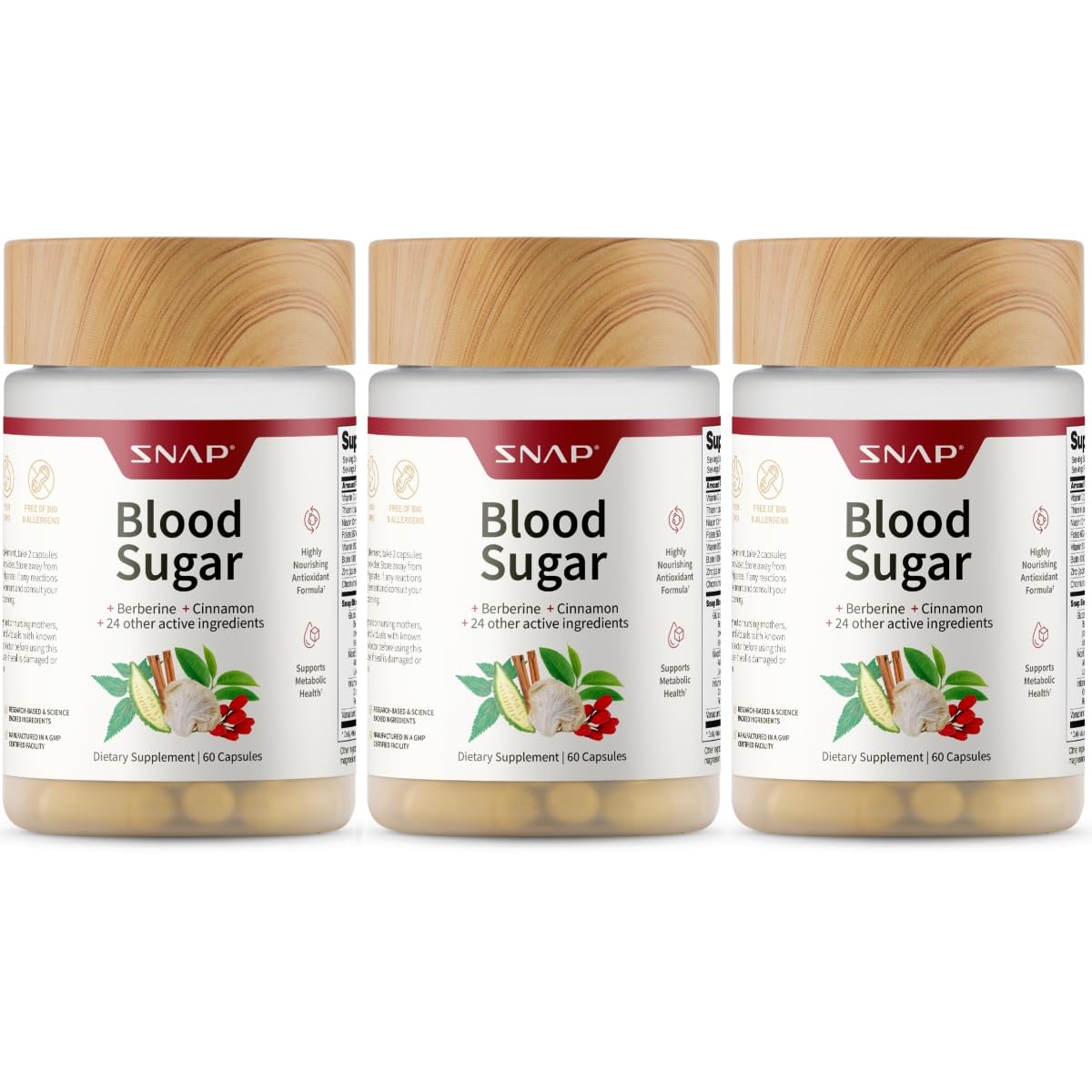 Snap Supplements Blood Sugar Blend with Berberine, CoQ10, Cinnamon, and Gymnema to Support Already Healthy Blood Sugar, Metabolic Health and Energy, Sugar Free, 60 Capsules 3-Pack (Packaging May Vary)