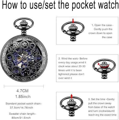 ساعة جيب ميكانيكية رترو للرجال من تازويك، ساعة جيب ستيمبنك جيرز سكيليتون رومانية/عربية، ساعة جيب انالوج بعقارب، هيكل اسود من الستانلس ستيل