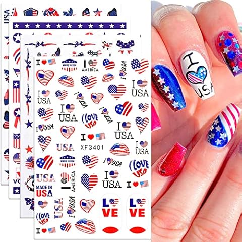 8sheets National Flag Nail Stickers American Independence Day Nail Decal Nail Art Decoration Supplies National Flag Star Butterfly Heart Shape Design for Women Nail Art Accessories Cover
