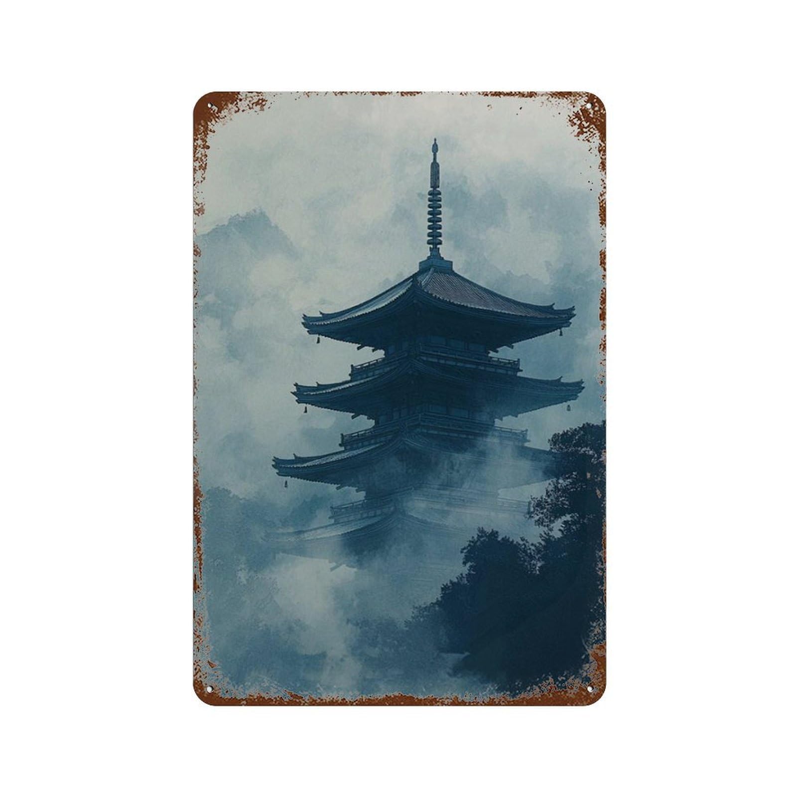 xiaoxiaoshen Japanese Pagoda Zen Misty Temple Asian Landscape Work Minimal Blue Nature Wall Decor Art Metal Tin Poster Modern Home Decor Art Home Bar Shop Decorations Vintage Sign 30x20cm
