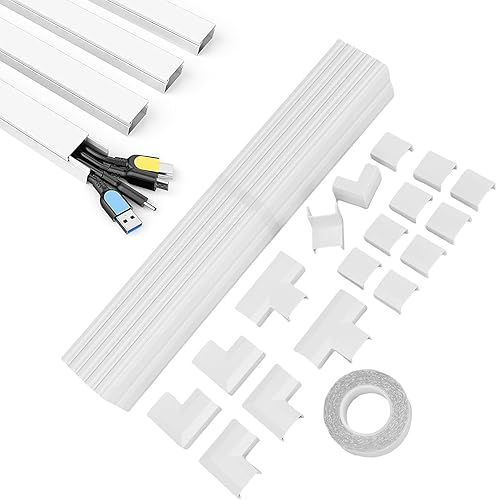 WALFRONT Cable Raceway Kit, White Cord Concealer, 10pcs PVC Cord Cover Wall Wire Management with Double Sided Tape Paintable, UL94 V-0, Trim for