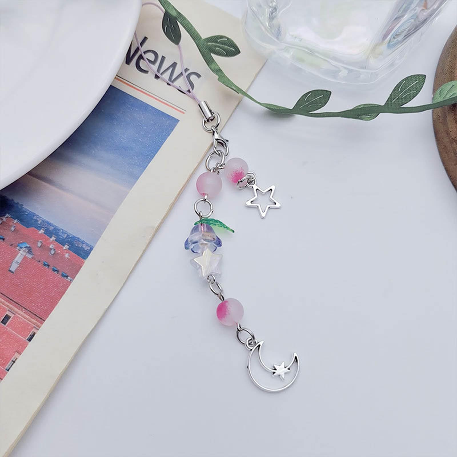MENGZHIAO Keychain Strap,Star Flower Bead Pendant Phone Charm Hanging Rope Cute Phone Chain Strap Bag Decoration Lanyards Keychain Accessory