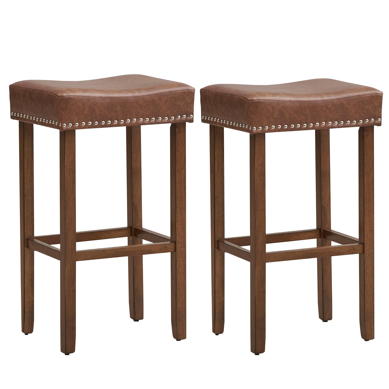 Giantex Bar Stools Set of 2, 29.5" Saddle-Shaped Kitchen Stools, PU Leather Bar Height Saddle Stools w/Footrests, Rubberwood Frame Upholstered