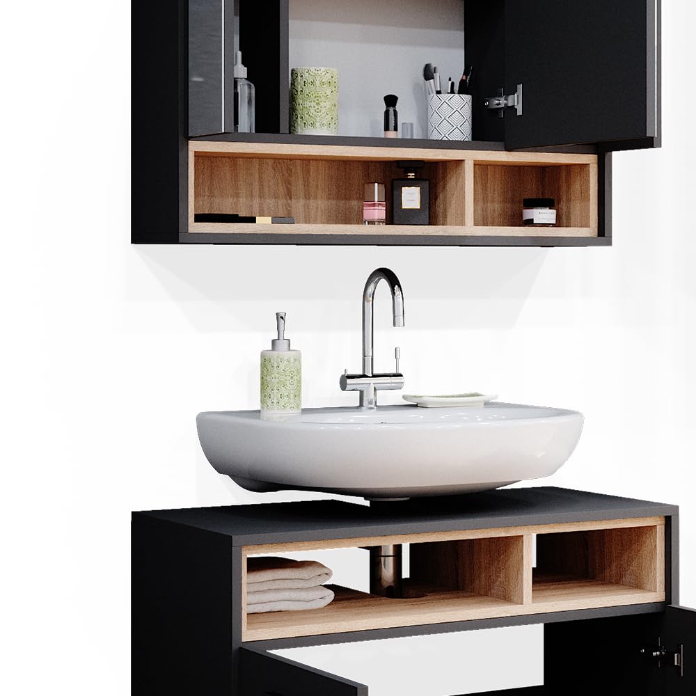 Vicco Badmöbel-Set Beatrice, Anthrazit, 80 cm, besteht aus Badspiegel und Waschbeckenunterschrank