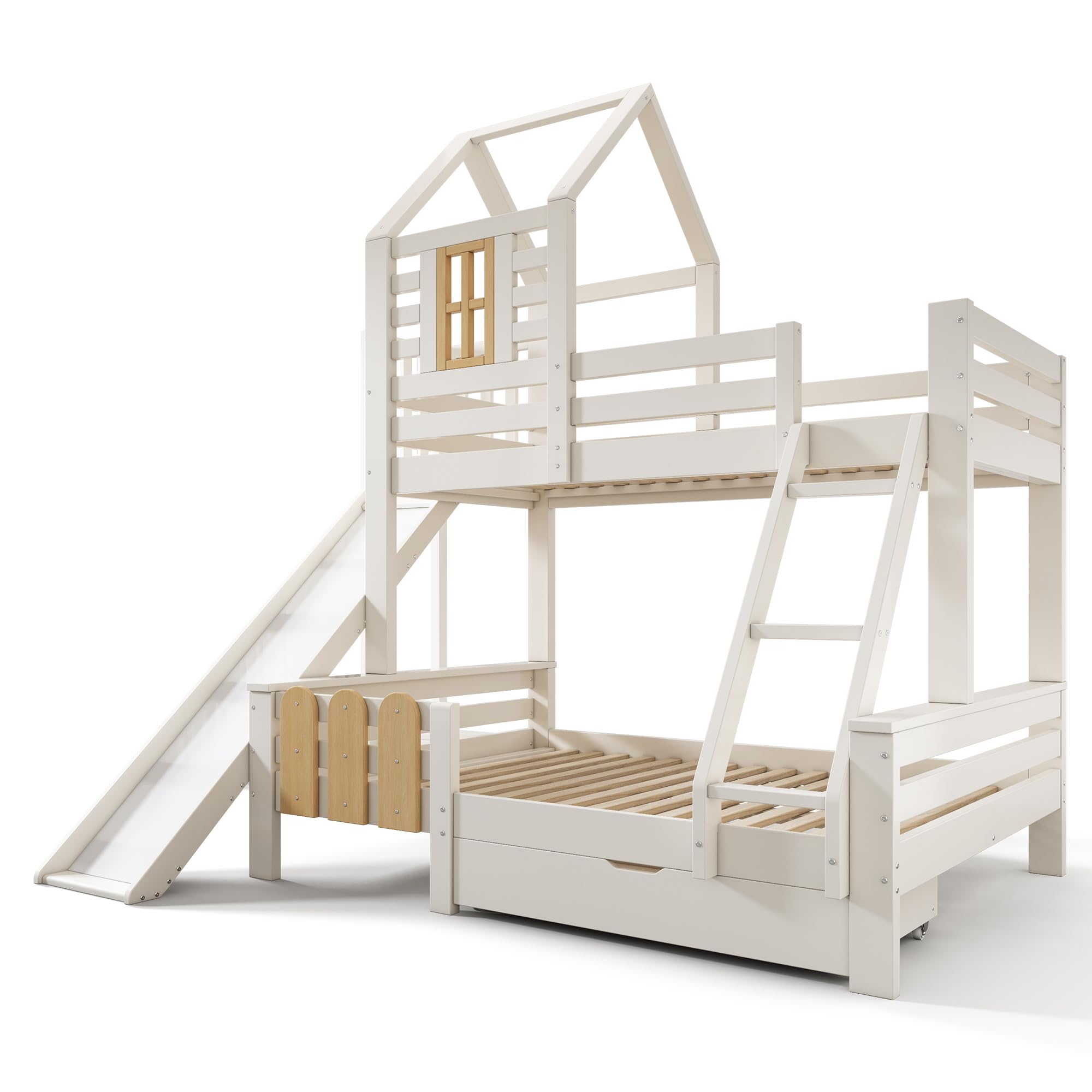 Letto a Castello 90x200 e 140x200cm con Rete a doghe, Letto Matrimoniale con Cassetto, Scivolo e Scaletta, letto a Soppalco per Bambini, a Forma di Casa, Struttura in Legno Massiccio(senza materasso)
