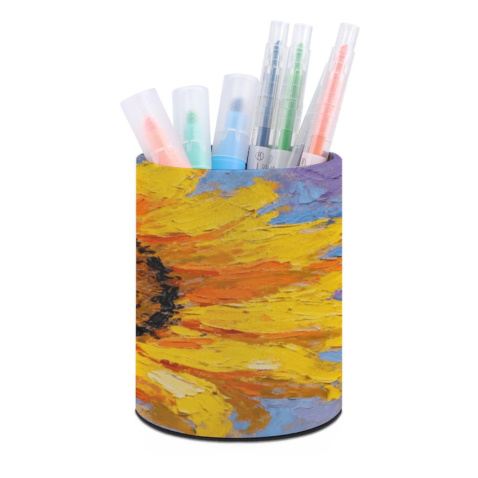 VstaDank Yellow Sunflower Pen Holder Round Pencil Holder Cup Pen Container PU Leather Desk Organizer Stand Decorative Brush Scissor Holder Decoration Office Desk Home (3.1 x 3.9 inch)