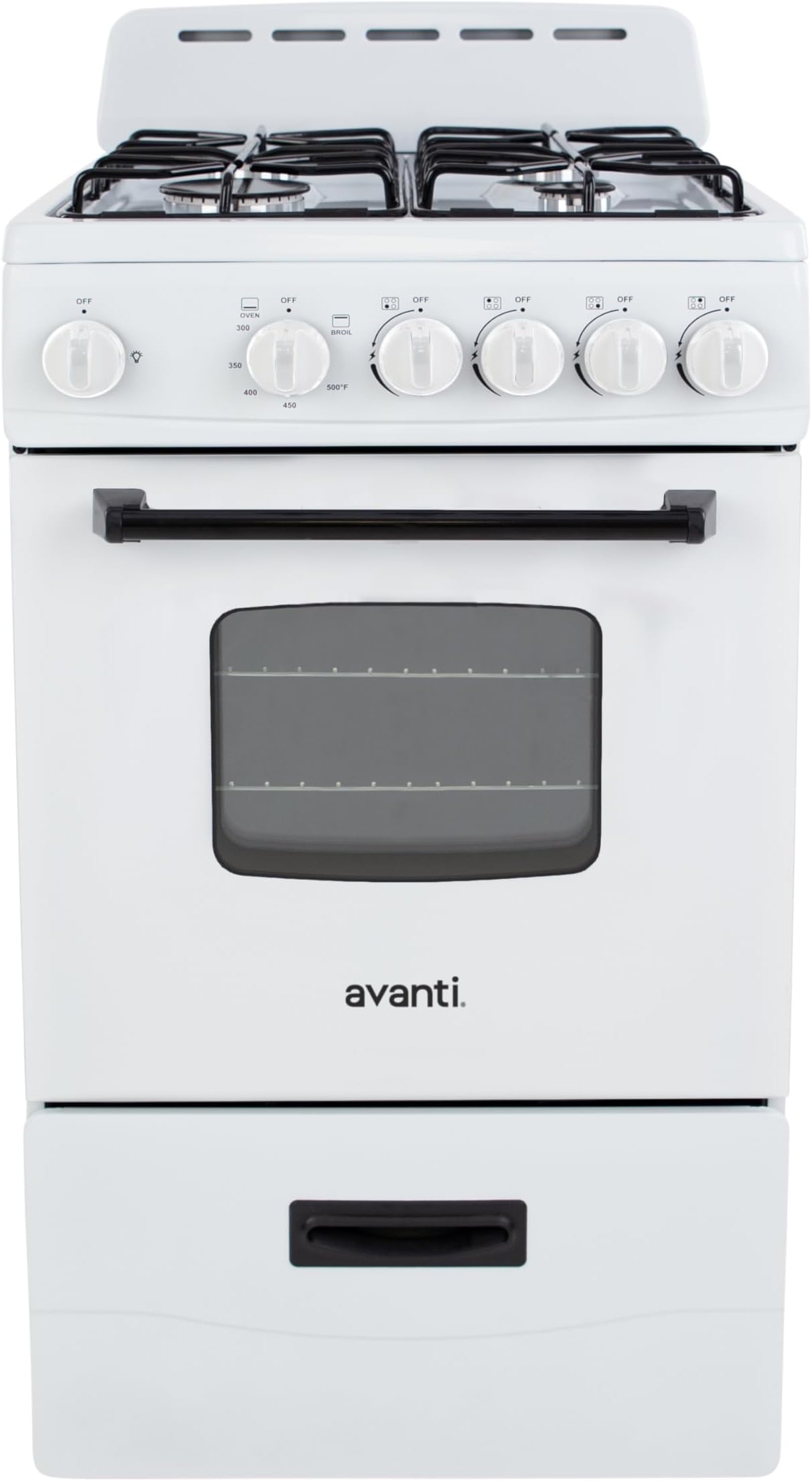 Avanti Gas Range Oven, Compact Freestanding Design, 4 Sealed Burners with Electronic Ignition, 2.1 Cu.Ft. Capacity Features Framed Glass Door Storage Drawer Broiler and Accessories, 20-Inch, White