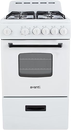Avanti Gas Range Oven, Compact Freestanding Design, 4 Sealed Burners with Electronic Ignition, 2.1 Cu.Ft. Capacity Features Framed Glass Door