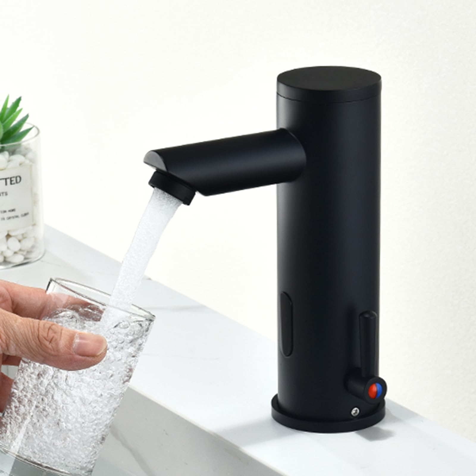 ZYCHSJXA Touchless Basin Tap Bathroom Sink Taps Mixers Black Infrared Sensor Faucet with Hot Cold Mixing Valve,Low