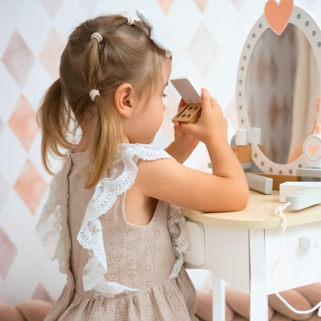mamabrum Makeup Dreeser - Maquillaje de Madera Dresser para Niñas - Vanidad,Perfume, Esmalte de uñas, Cepillo, Lazos para el Pelo y Mesa de Maquillaje Estación de Maquillaje Niña Pequeña