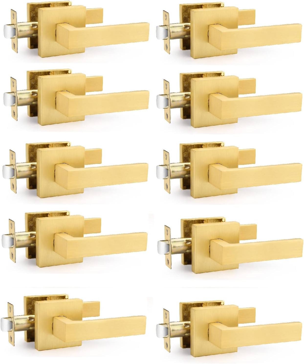 10 Pack Brass Interior Door Handles, Passage Function, Heavy Duty Hall and Closet Door Knobs, Satin Brass Closet Door Handles for Left or Right Handing