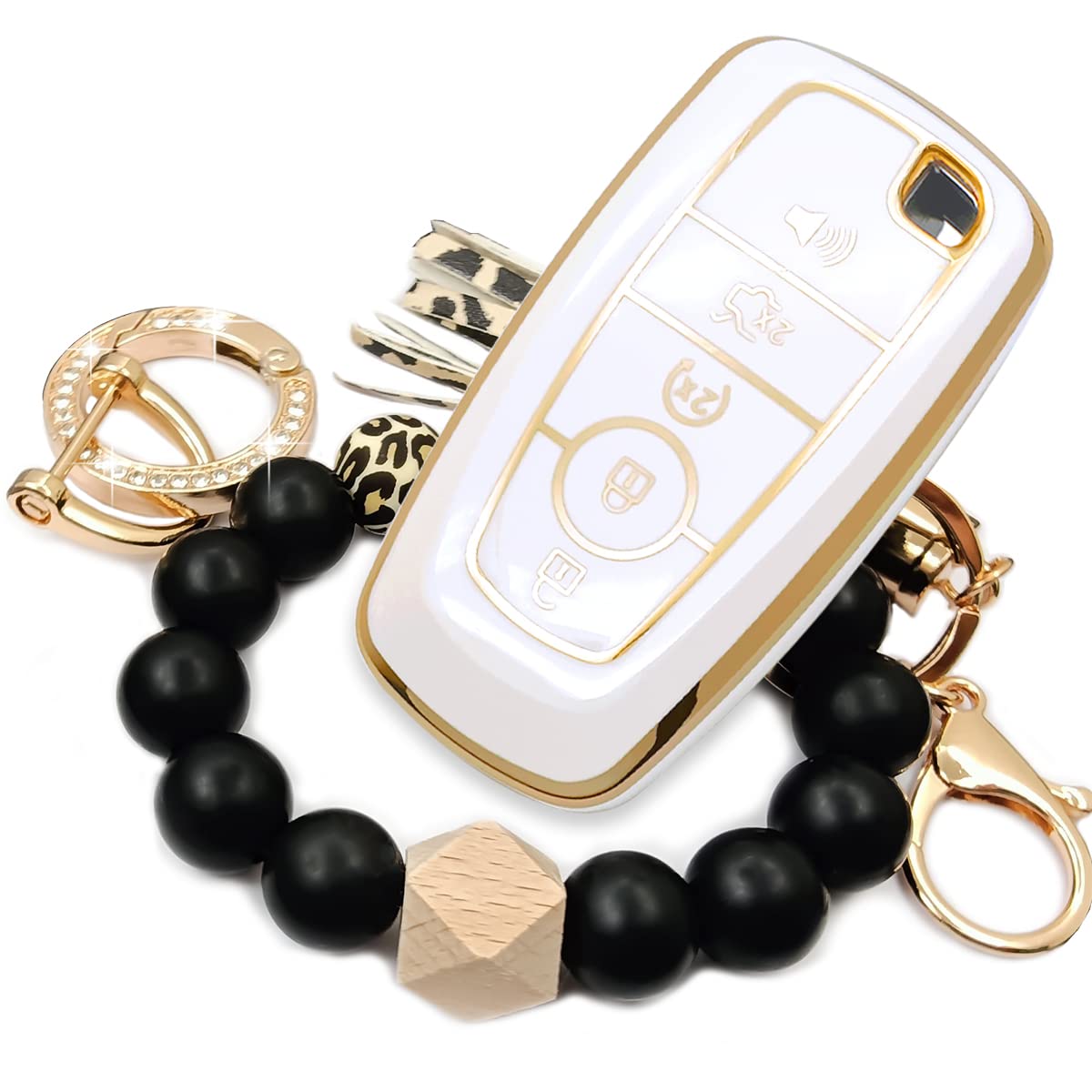 Car Key Fob Cover with Premium Wristlet Fits for Ford F-150 F-250 F-350 F-450 F-550 Raptor Explorer Escape Fusion Bronco Sport Edge Lincoln Corsair Nautilus (White)