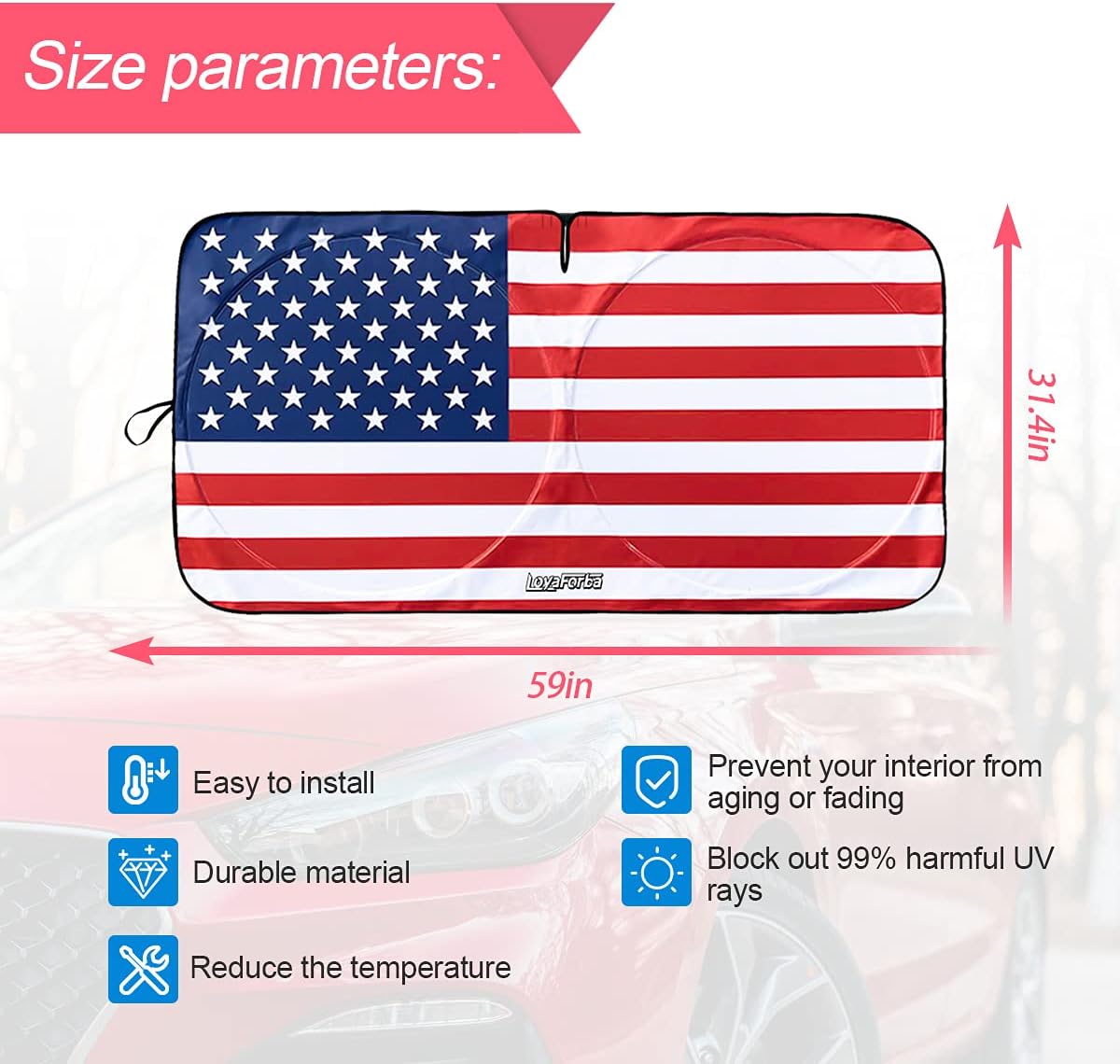 Car Front Windshield Sun Shade, American Flag Steering Wheel Sun Visor for Car, UV Rays and Privacy Protection, Foldable, Keep Car Cool, Fit for Most Cars,SUVs (Red, 59"x31")
