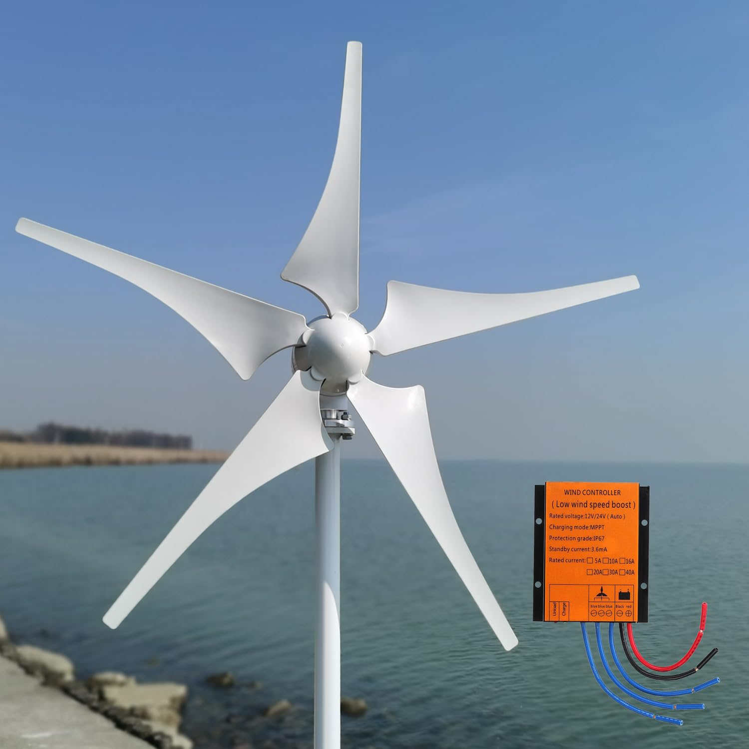 Aerogenerador 800W 12V/24V/48V - Generador Eólico 5 Palas con Controlador MPPT, Funcionamiento Silencioso para Hogar y Granja (24, Voltios)