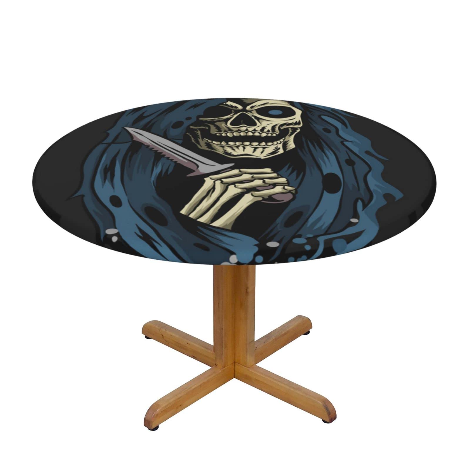 Lsjuee Round Fitted Tablecloth 40-44in Elastic Edged Table Cloth for Kitchen Dining Party Home Decor - Grim Reaper Death Skull Dagger Black