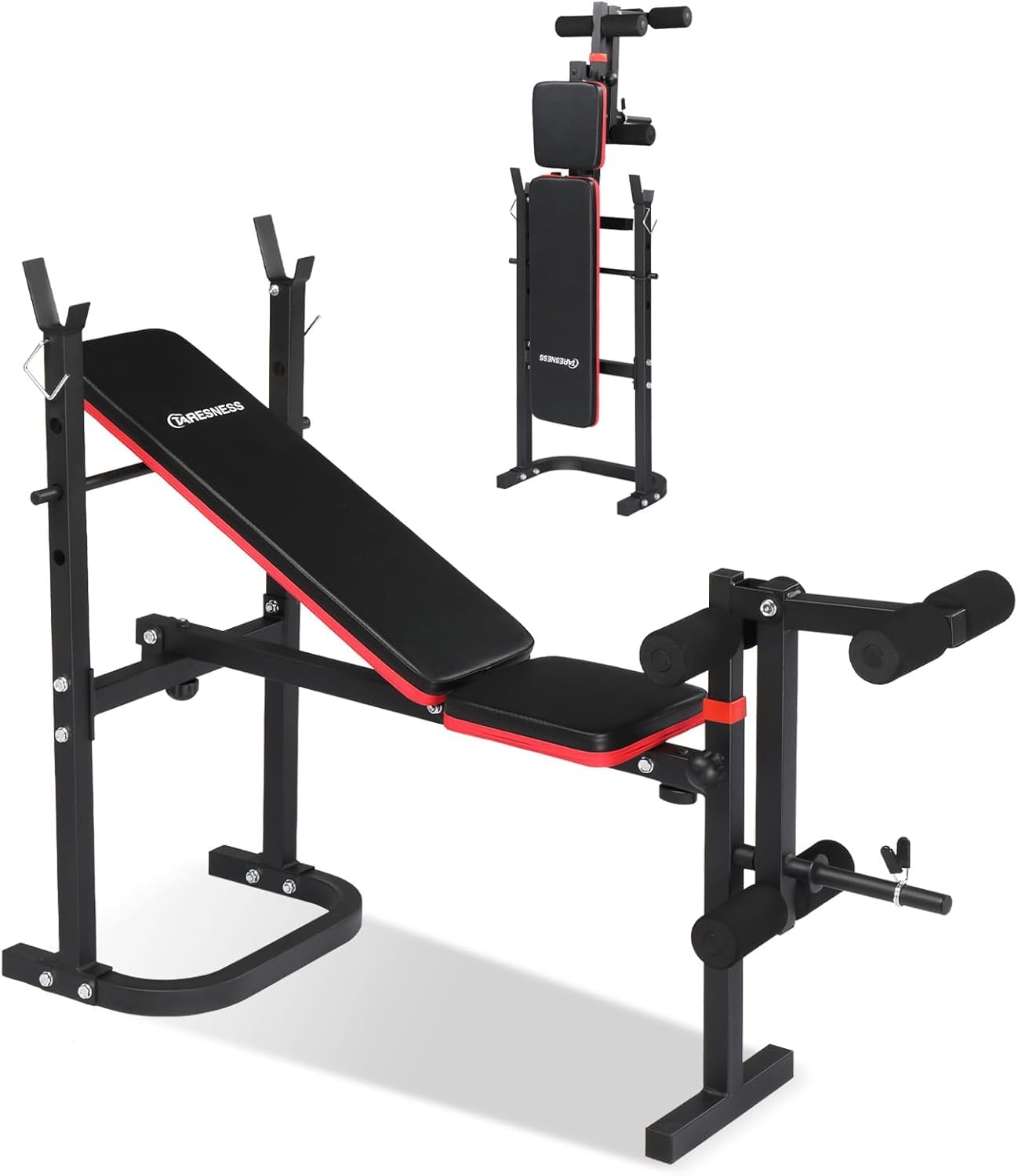 TARESNESS Adjustable Weight Bench for Full Body Workout, 4-in-1 Folding Bench Press with Leg Developer & Barbell Rack, 440LBS Capacity, for Home Gym Strength Training(Red)