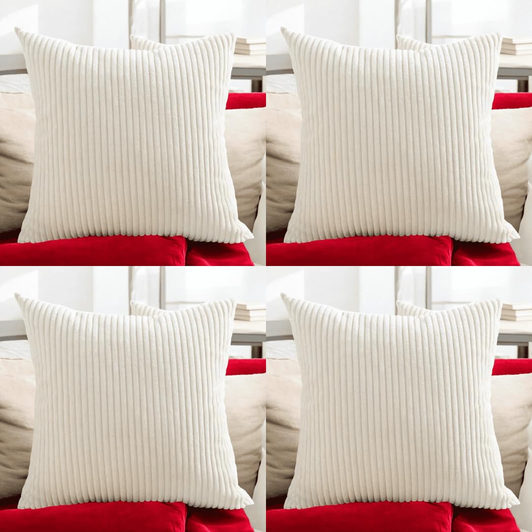 Seechoo Corduroy Cushion Covers, Set of 4, 40 x 40 cm, Plain Soft Striped, Assorted Colours (Cream), 40 x 40 cm (Pack of 4) - Image 2