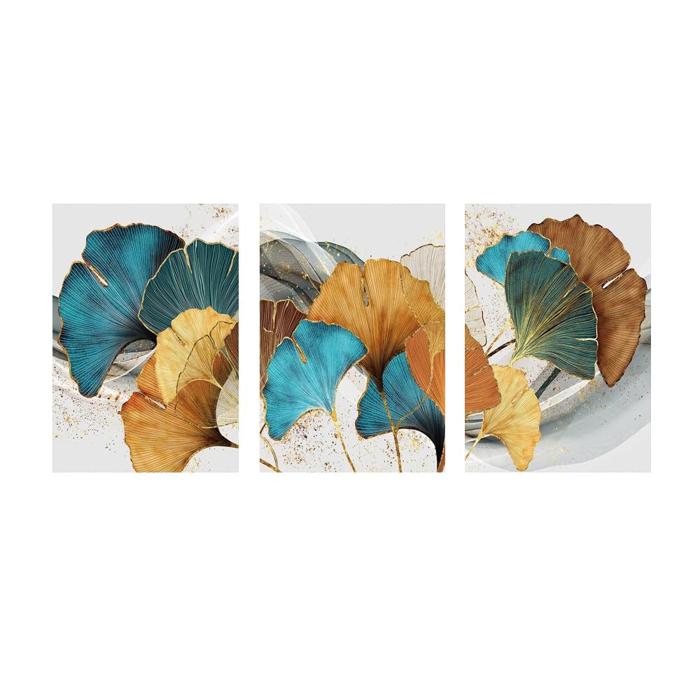 SOBMQ Pictures-Blue Green Yellow Gold Plant Leaves Abstract Canvas Painting Nordic Posters and Prints Wall Art Picture for Living Room Office Home Decor-40 * 60cm-3PCS (No Frame)