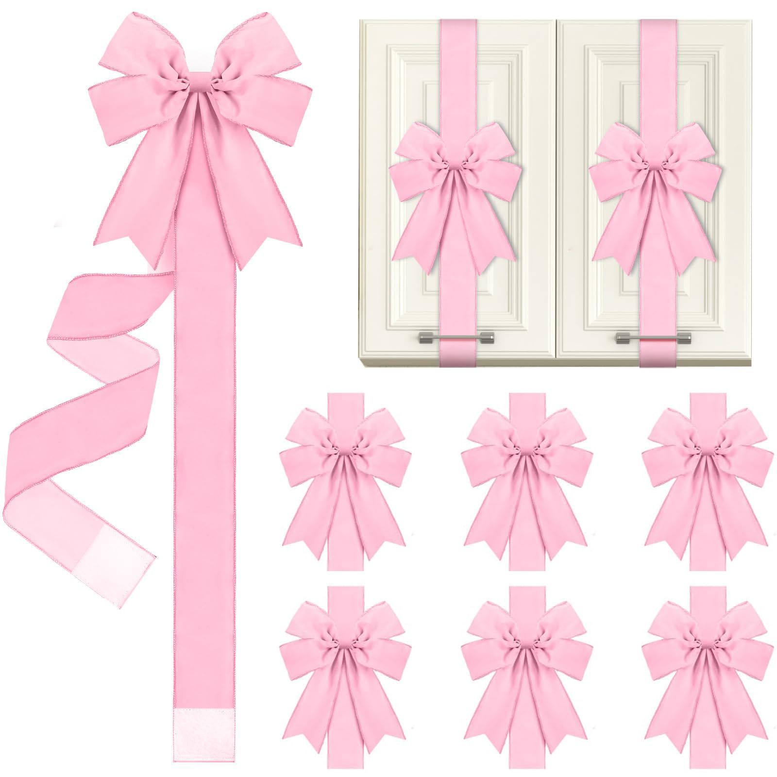 6Pcs Red Christmas Bows Set for Cabinet Doors and Windows Decoration Retro Velvet Bow for Front Door Kitchen Cupboard Home Decor (6 Pcs Pink, 200 cm/ 78.74 inches)