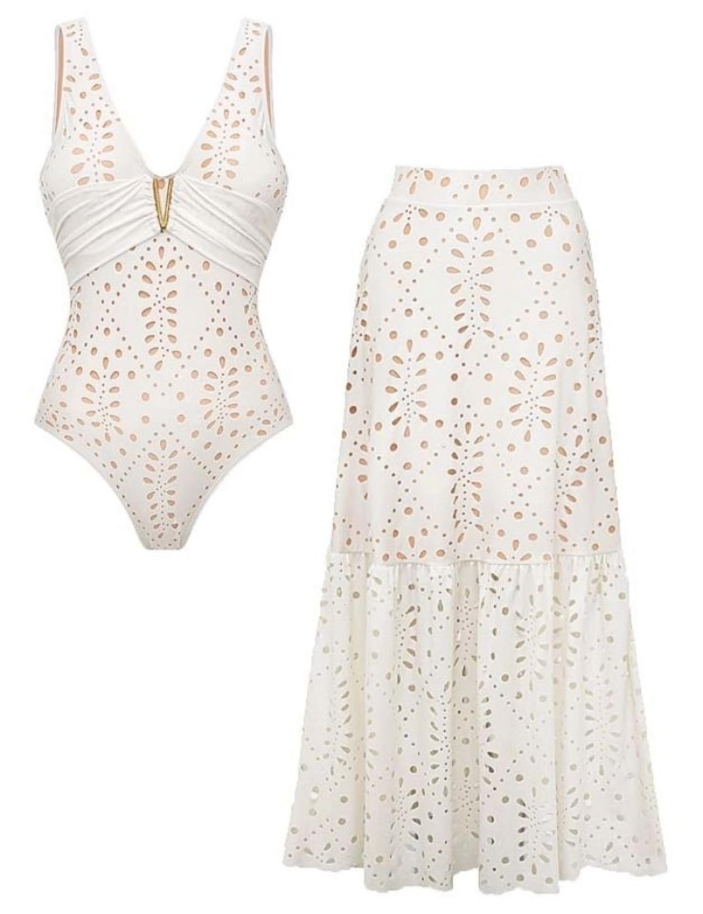 View 1 of [JUST THE SKIRT] FLAXMAKER Solid One Piece V Neck Swimsuit and Skirt, One size
