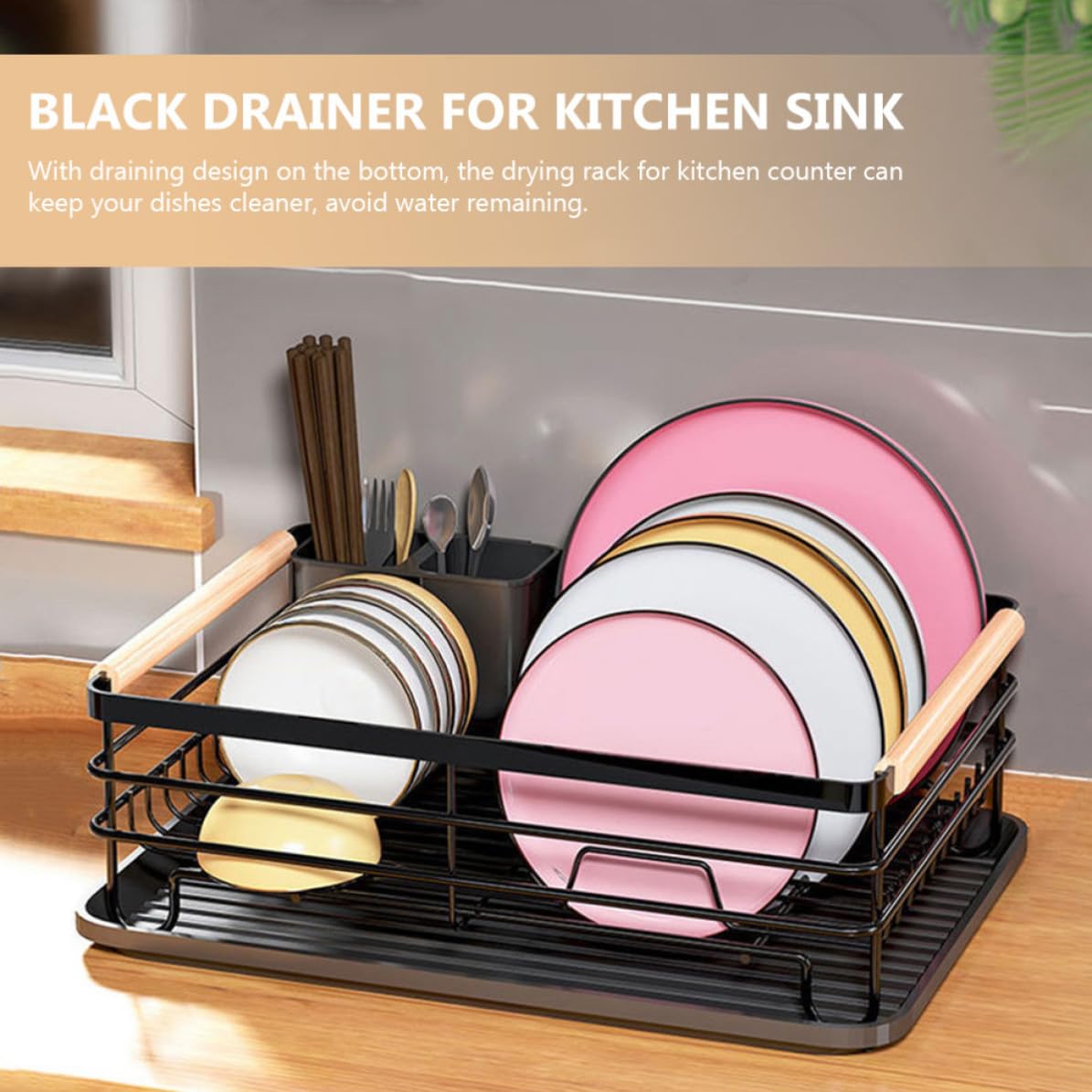 Garneck Escurreplatos de Encimera de Cocina en Hierro Negro Diseño de Ranuras y Altura Adecuada para Secar Platos y Cuencos Fácilmente Encimera