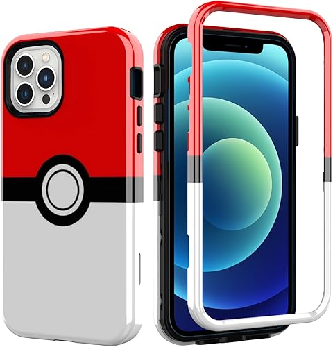 SupBo Funda para iPhone 13 Pro Max Anime Cartoon Kawaii Rojo y Blanco Patrón de bola de PC duro e interior de silicona híbrida Dual Armor Defender