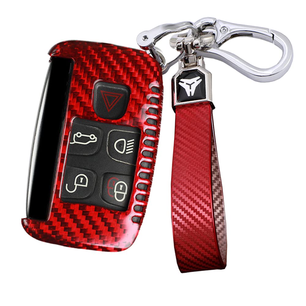 ontto Kohlefaser Autoschlüssel Hülle Passt für Land Rover Discovery Defender LR2 Range Rover Velar Evoque Jaguar XE Schlüssel Schutz Cover Schlüsselhülle mit Schlüsselanhänger 5 Taste-Rot (Entlüftung)
