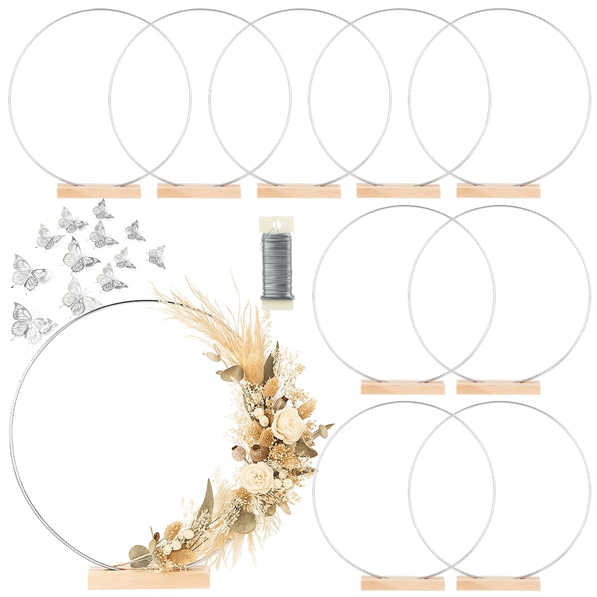 View 1 of 10 Pack Floral Hoop with Stand and 38-Yard Paddle Wire 18 Inch Metal Rings for DIY Centerpiece Table Decorations Crafts Macrame Rings Hoop Dream Catcher Rings Wedding Christmas Wreaths, Silver