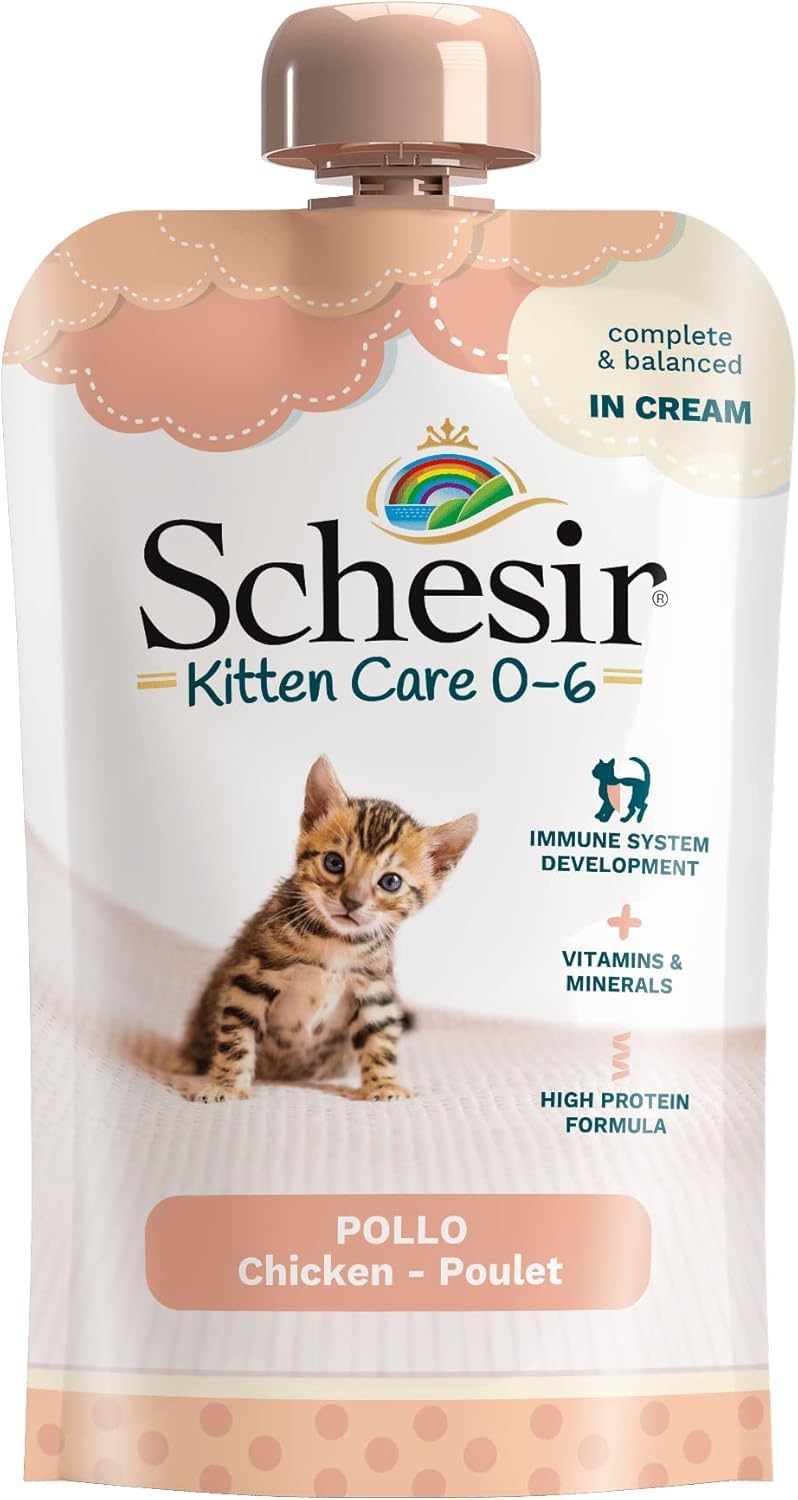 Schesir Cat Kitten Cream Kurczak – mokra karma dla młodych kotów – kremowa karma dla kur dla kotów mokra bez zbóż, z dużą ilością białka, witamin i minerałów (20 x 150 g woreczka)