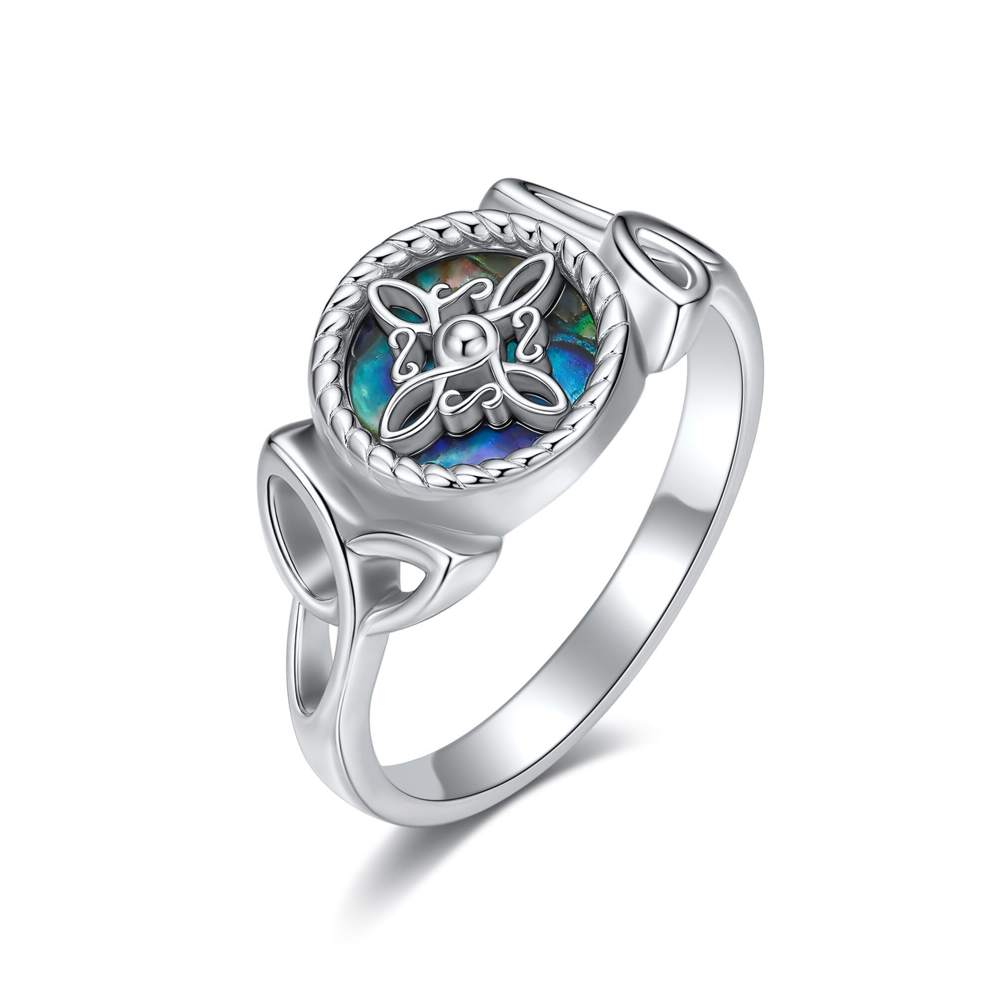 ONEFINITY Anillo de nudo de bruja de plata de ley 925, anillo celta con concha de abulón, joyería para mujer