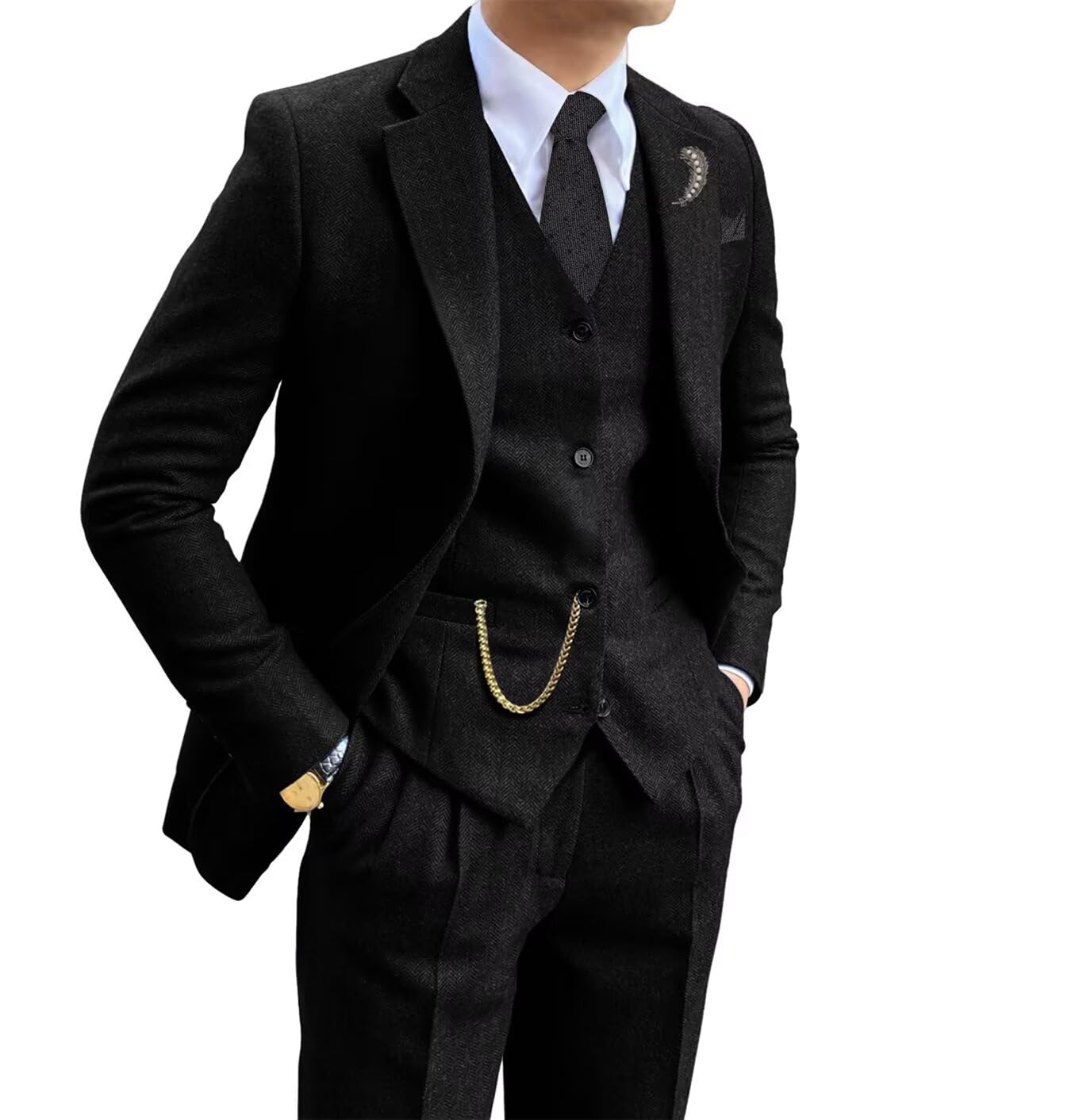 Photo 1 of Herringbone Tweed Retro Mens Suit Slim Fit 3 Pieces Suits Wedding Suit Set Prom Dress Tuxedo Wool Blend Jacket Blazer Vest Pants Dark Brown medium