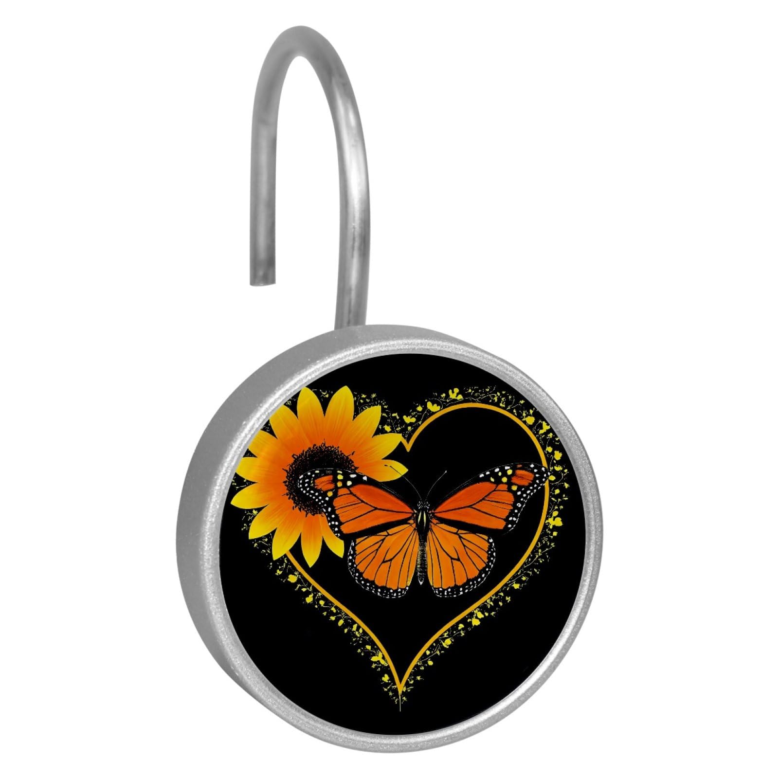 Set of 12 Stainless Steel Shower Curtain Hooks, Shower Rings for Bathroom, Rustproof Decorative Shower Hangers for Bedroom Living Room Shower Curtain Rod (Heart Sunflower Butterfly)