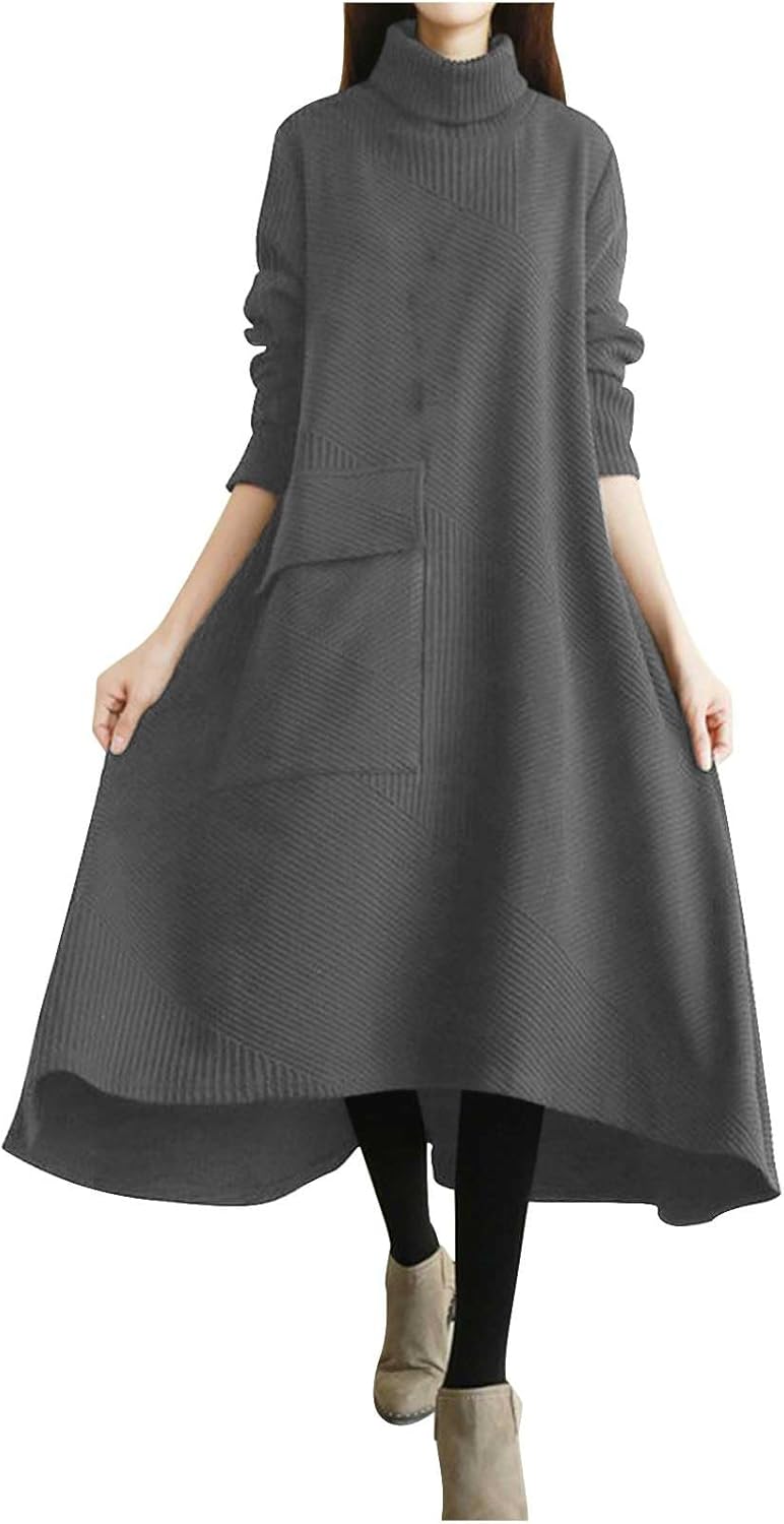 Women's Corduroy Maxi Dress Long Sleeve Turtleneck Fall Shirt Long Dress Asymmetric Hem Winter Dresses with Pockets