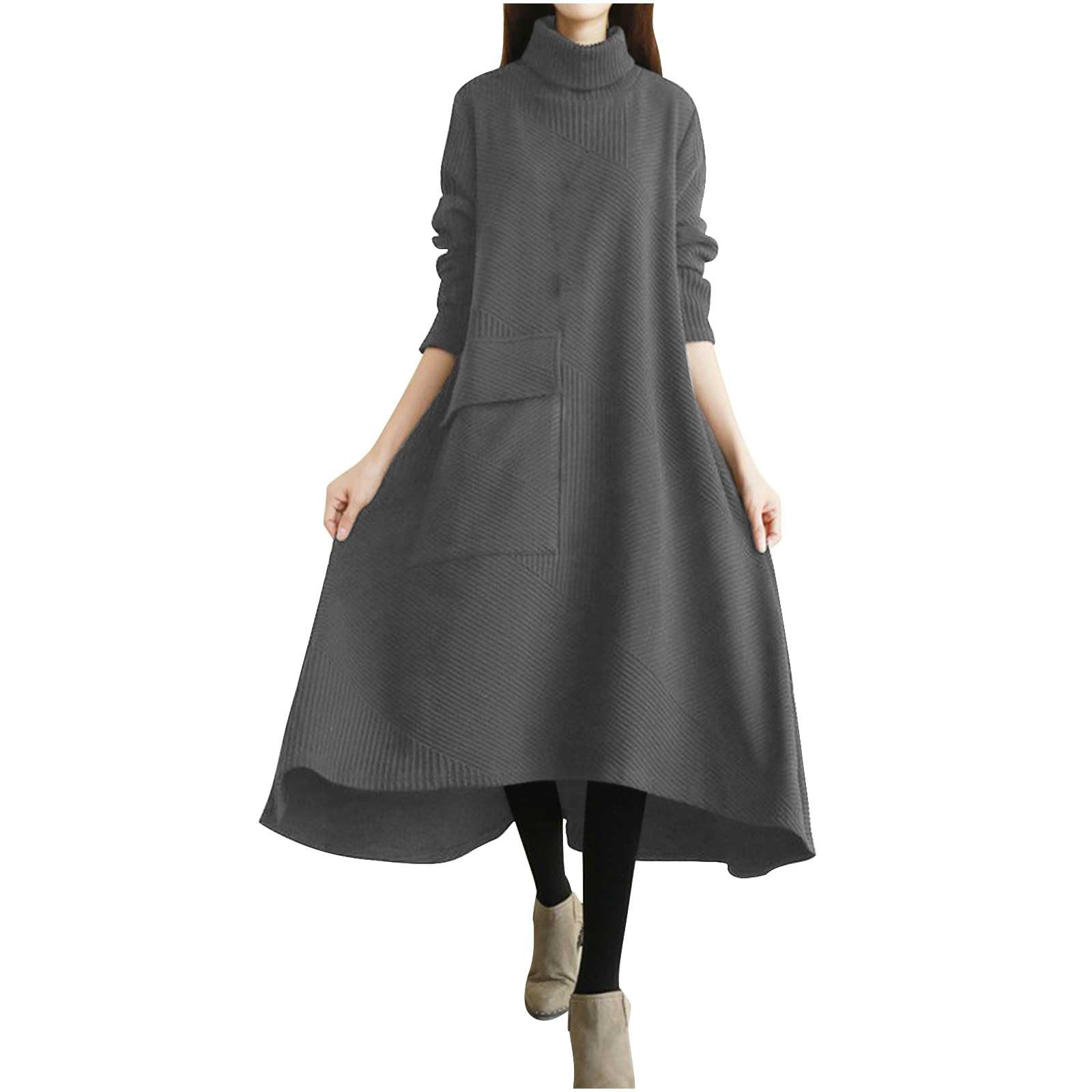 Womens Corduroy Maxi Dress Long Sleeve Turtleneck Fall Shirt Long Dress Asymmetric Hem Winter Dresses with Pockets