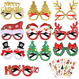 Faburo 10pcs Christmas Glitter Party Glasses Christmas Decoration Fancy Dress Hanging Glasses Christmas Themed sticker Suitable for Adults and Children 10 styles