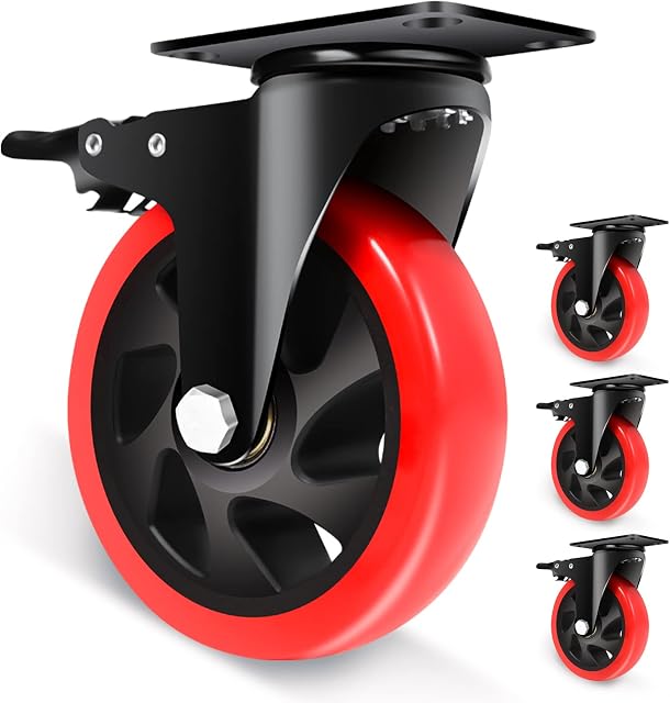 Nefish Swivel Caster Wheel for Cart, 5 Inch Industrial Casters Set of 4-Heavy Duty Top Plate Casters with Brake 2200 Lbs, Smooth No Mark Polyurethane Wheels for Cart, Trolleys, Furniture, Equipment