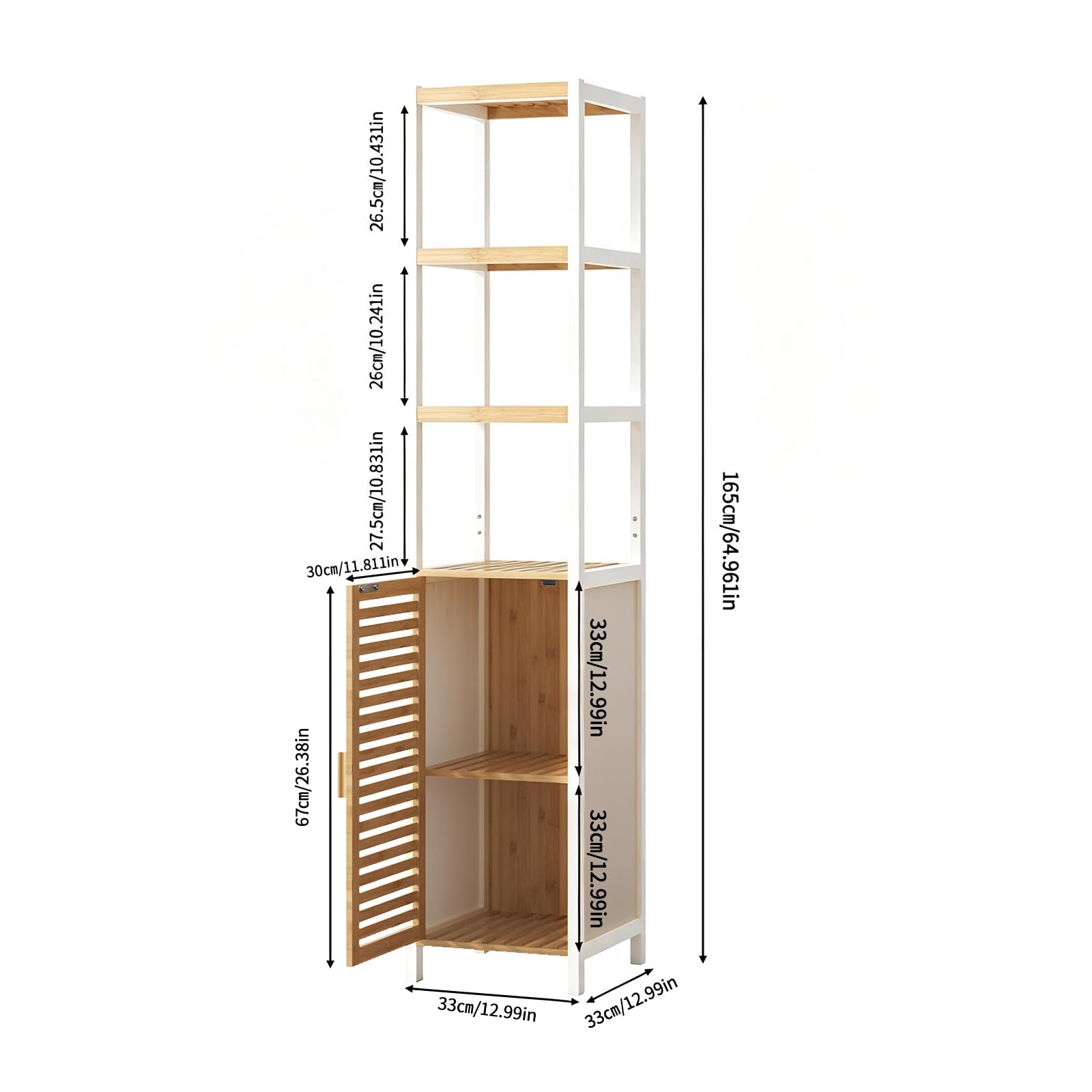 Étagère en Bambou Salle de Bain, Meuble de Rangement en Bambou avec 3 Compartiments Ouverts et Armoire, Aucun Perçage Requis, pour Salle de Bain, Salon, Cuisine, 33 x 33 x 165 cm