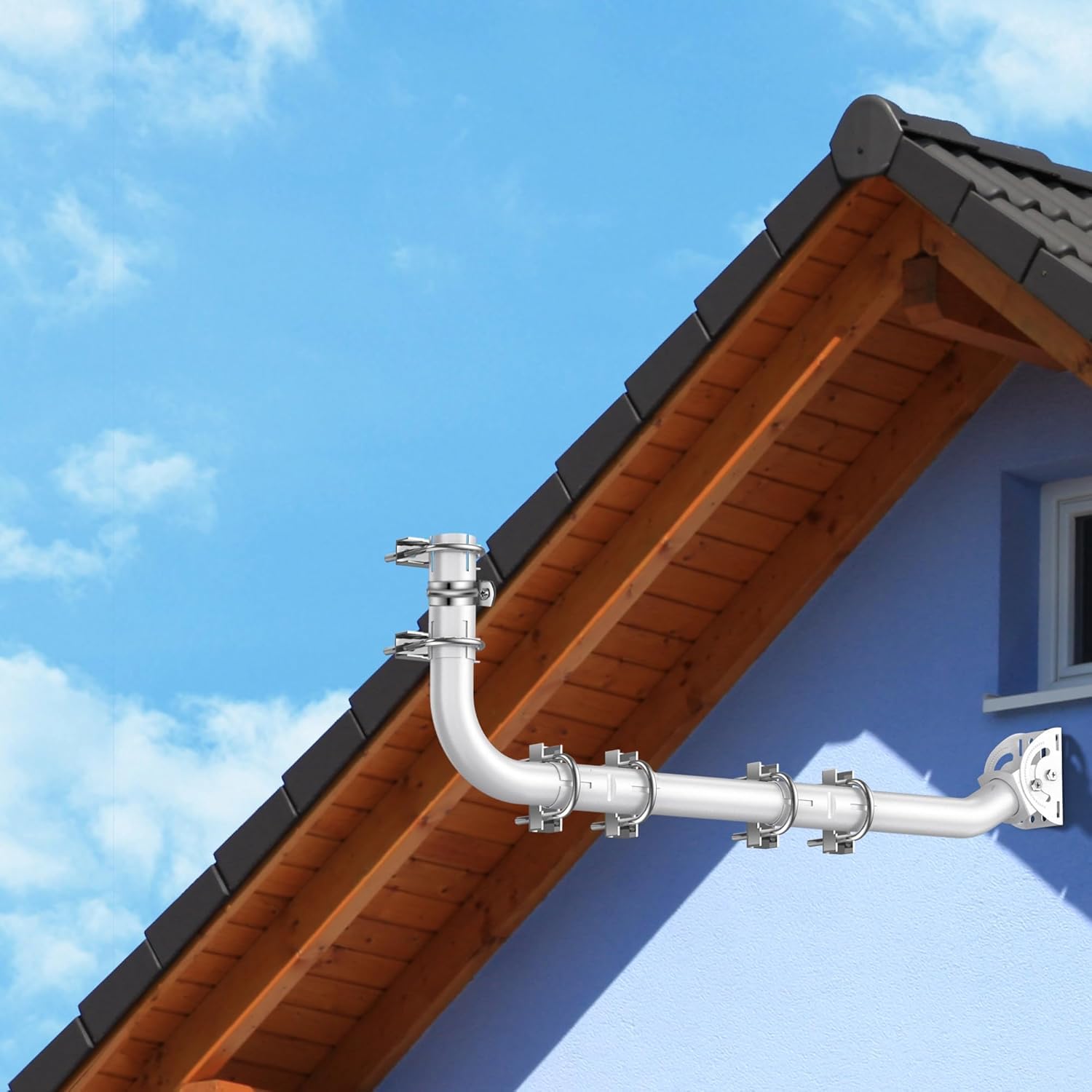 Montageset für Lange Wandantenne – Halterung für Lange Dachrinnenstangen, komplett mit 90° Winkel, Verlängerungsrohr, Verbindungsadapter und Schrauben. Perfekt für Externe TV-Antennen
