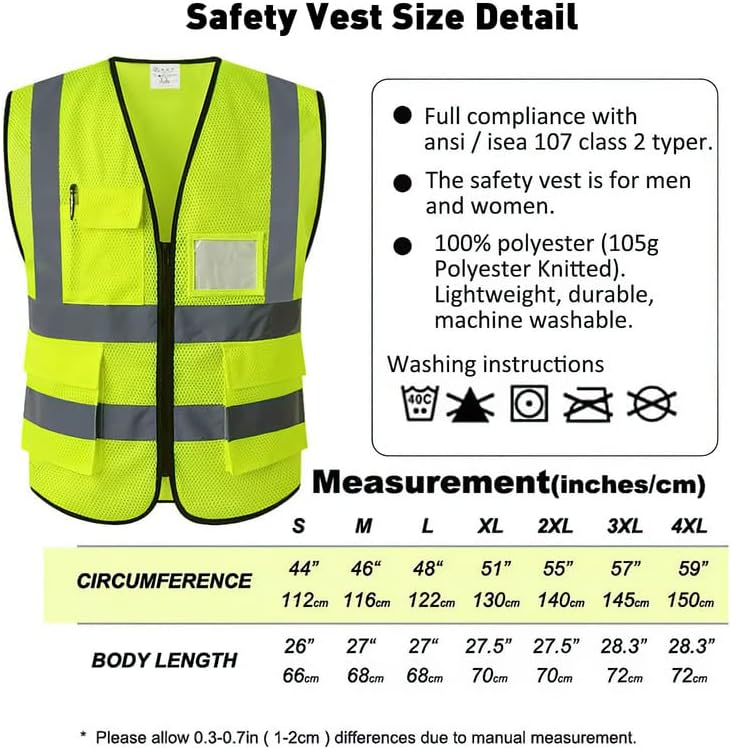 Miniatura 6 de NRGready Chaleco de seguridad de malla reflectante de alta visibilidad con 6 bolsillos y cremallera, chaleco de seguridad para hombres y mujeres