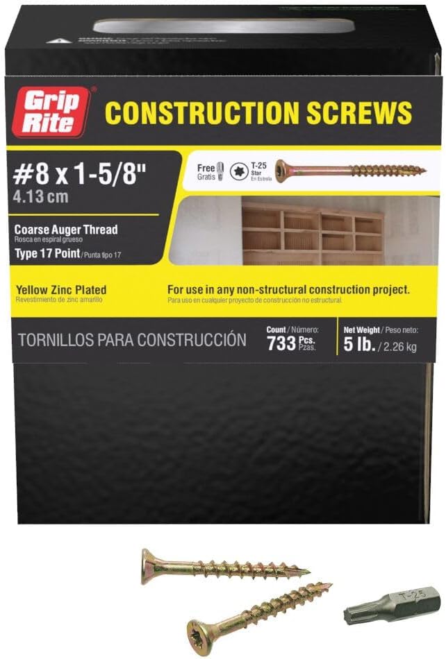 Grip-Rite 114GCS1#8 x 1-5/8", T25 Star Drive Gold Construction Wood Screw, 5lb Box