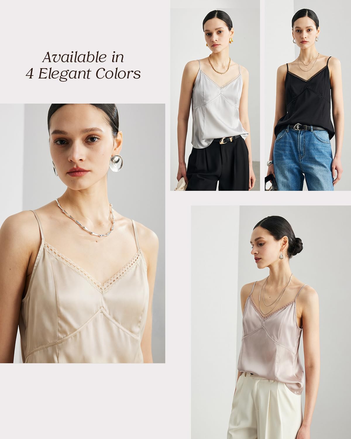 Womens 100% Mulberry Silk V-Neck Tank Top with Lace Trim, 22 Momme Silk, Adjustable Spaghetti Straps, Loose Fit Cami - Image 6