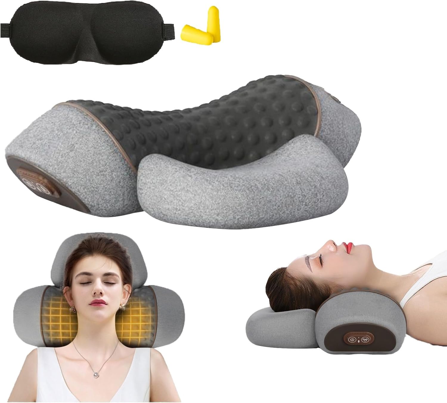 3-in-1 Heated Pillow Massage Neck Hump, Ergonomic Memory Foam Pillows – 26° Angle Cervical Support with Heat Compress, Removable Washable Cover for Pain Relief and Restful Sleep (Light Grey)