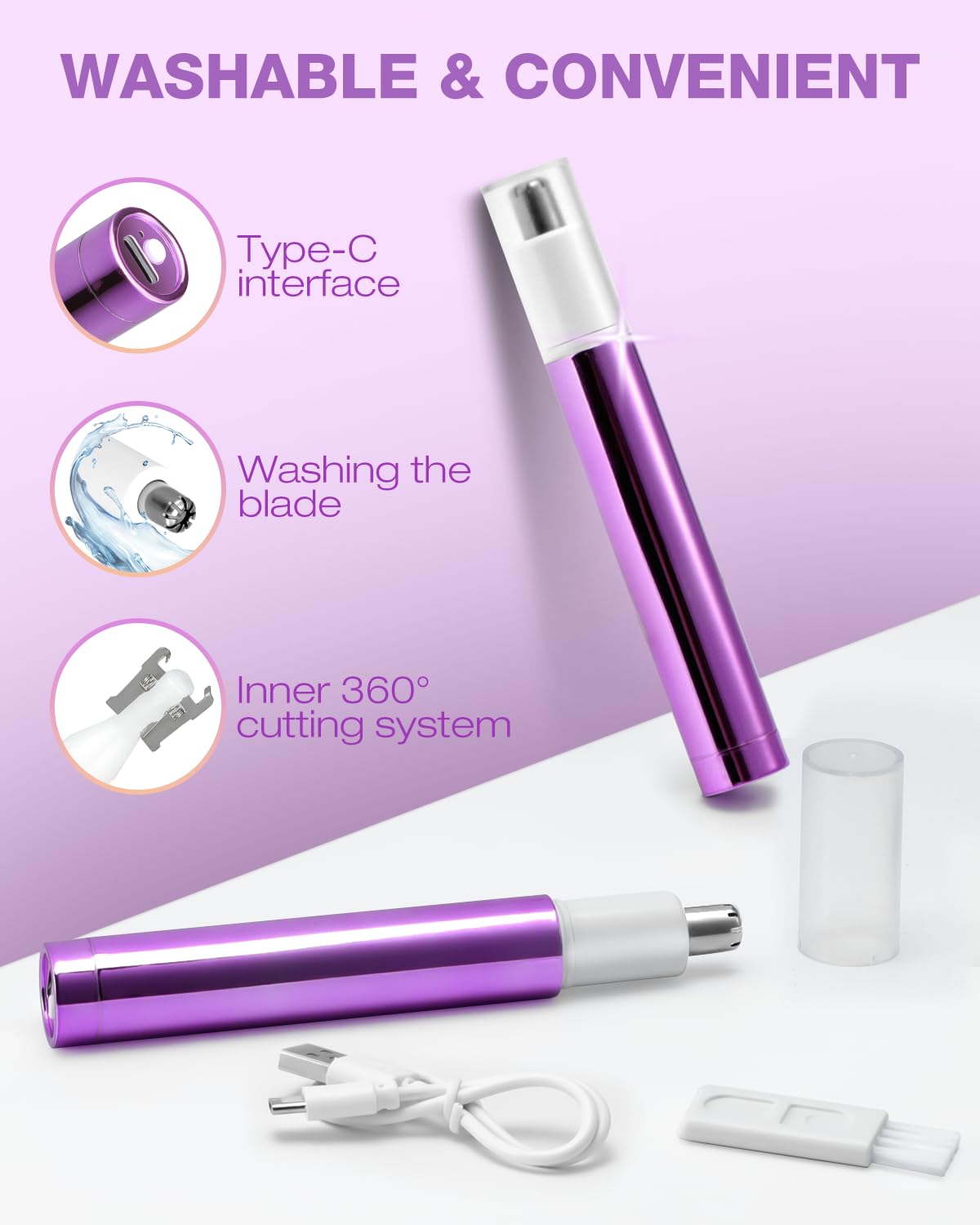 Painless Nose Hair Trimmer for Women Rechargeable 2025 Upgrade Nose Trimmer Ladies Noses Hair Trimmer Dual Edge Blades with IPX7 Waterproof,Powerful Motor,Easy Cleansing,Purple - Image 3