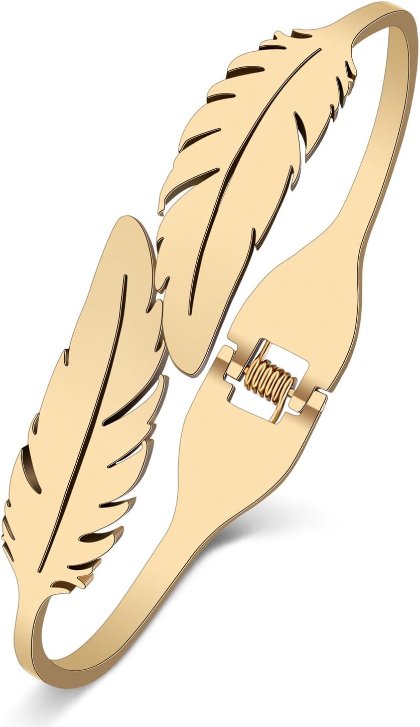 Stainless Steel 18K Gold Silver Plated Crystal Feather Bracelets Lucky Plume Cuff Bangle Birthday Jewelry For Women Couple Friendship Charm Gifts