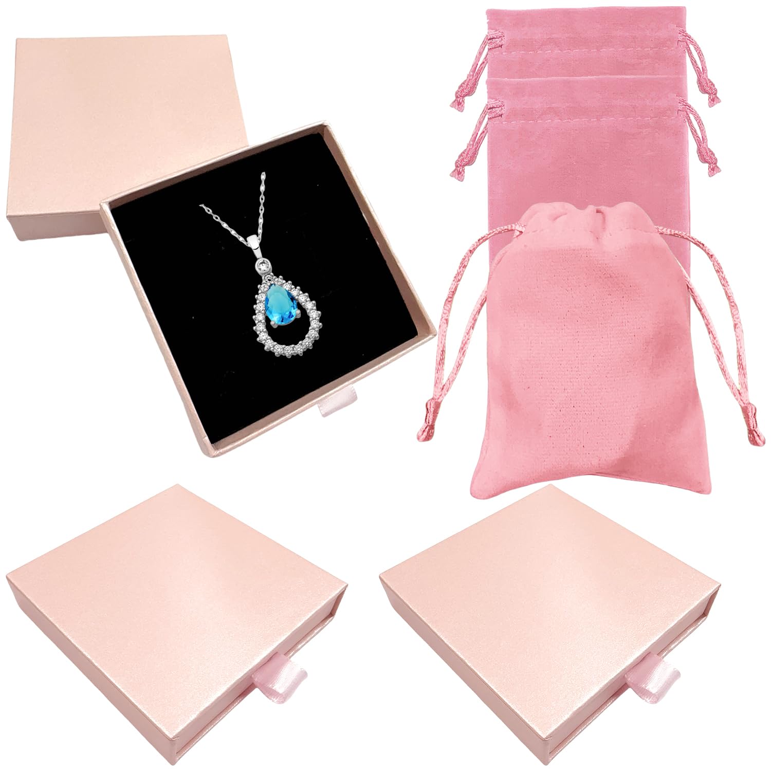 Set 3 Scatole Regalo Per Gioielli Con Sacchetti Di Velluto Blu | Porta Bracciali E Collane Con Cassetto E Cordino | Fai Da Te E Regalo