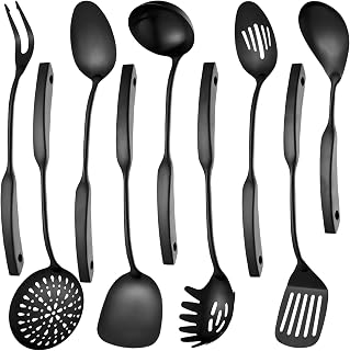 Kitchen Utensil Set, 9-Piece Cooking Utensil Set,Include 304 Stainless Steel Spatula Skimmer, Soup Ladle, Spaghetti Server,Slotted & Solid Spoon, Slotted Spatula Turner, Meat Fork(Black)